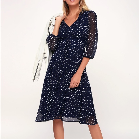 Lulus Navy Blue Polka Dot Longer Sleeve Midi Dress - Picture 1 of 6